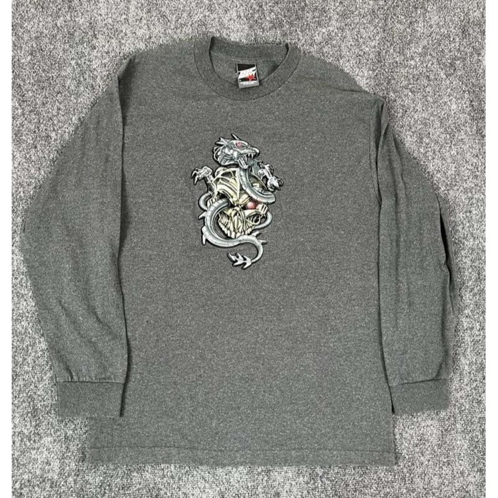 Rare Vintage Y2K Top Heavy 3D Embossed Puff Print Skull Dragon Long Sleeve Large